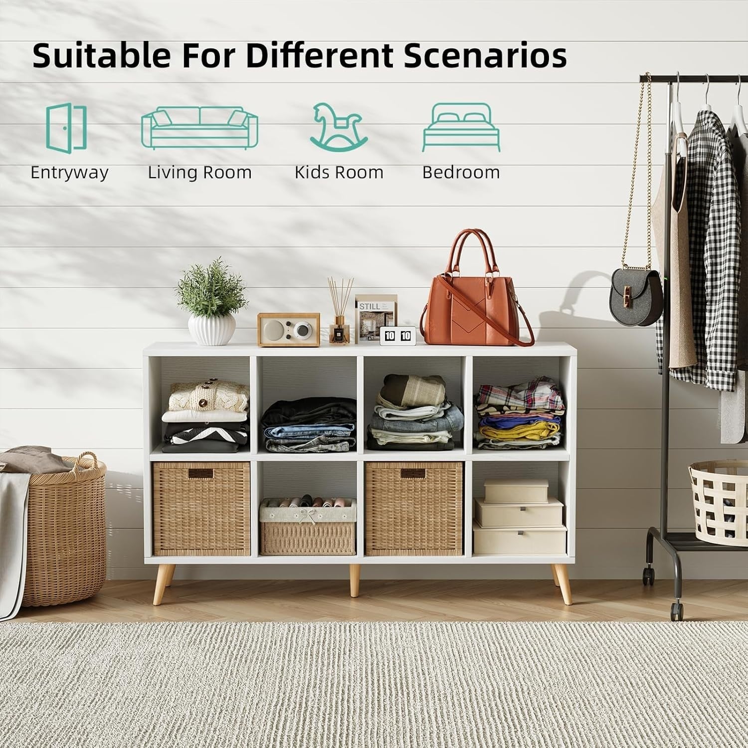 8 Cube Modern Bookcase with Legs White Wooden Storage Shelf 120cm