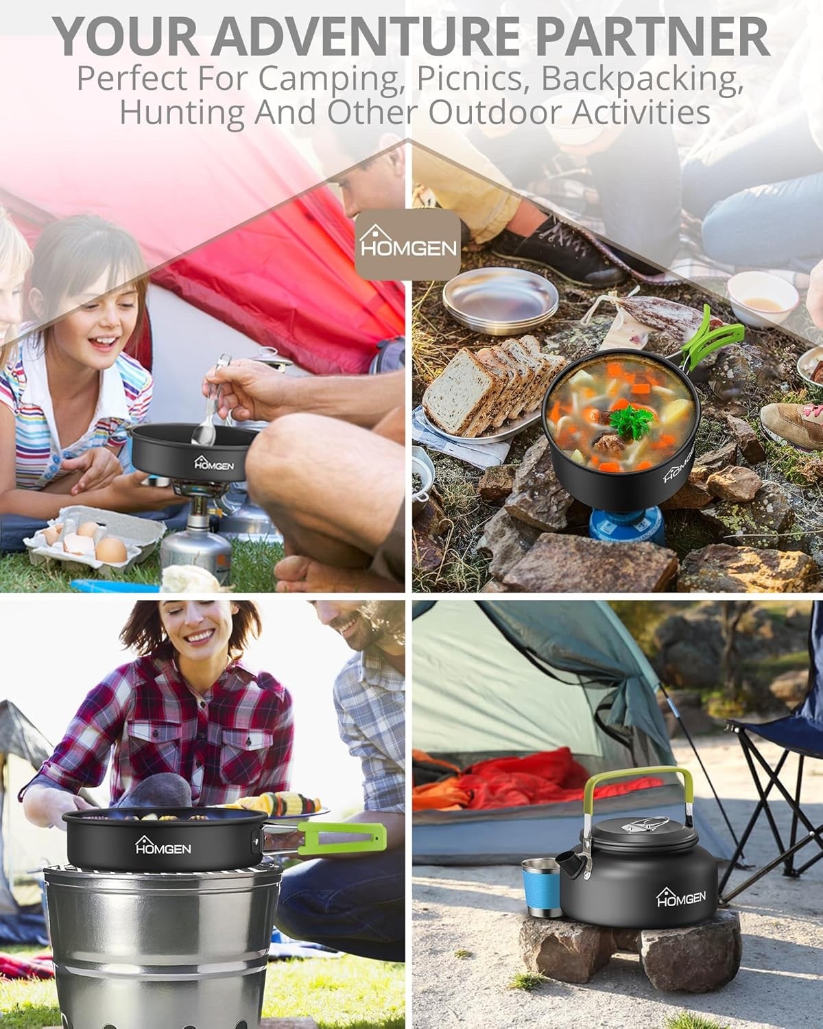 Green Camping Cookware Set with Pot Frying Pan, Kettle & Utensils for 2–3 People