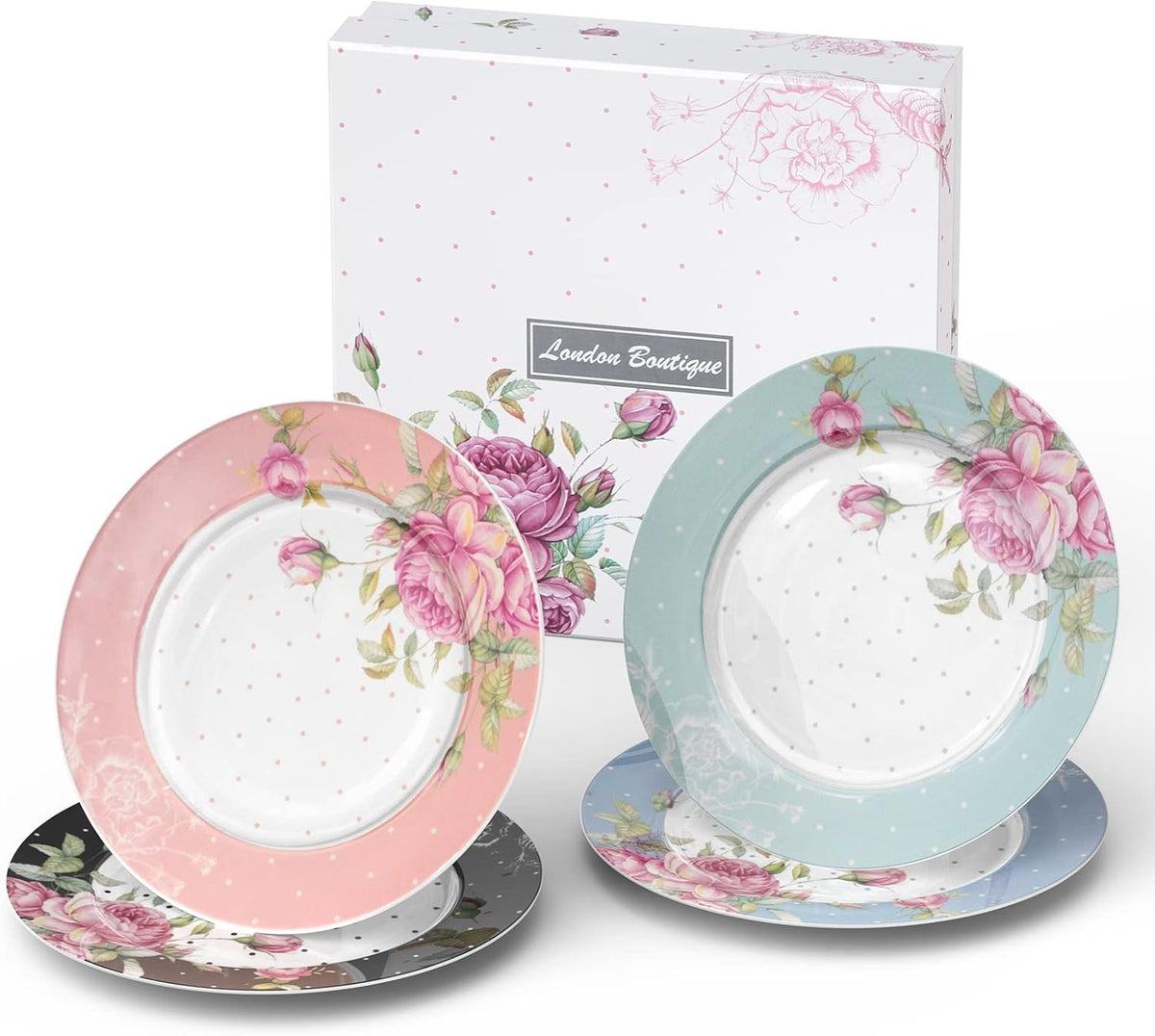 Vintage Floral Cake Plates Set of 4 Dessert Tea Plates 7.5in Gift Box