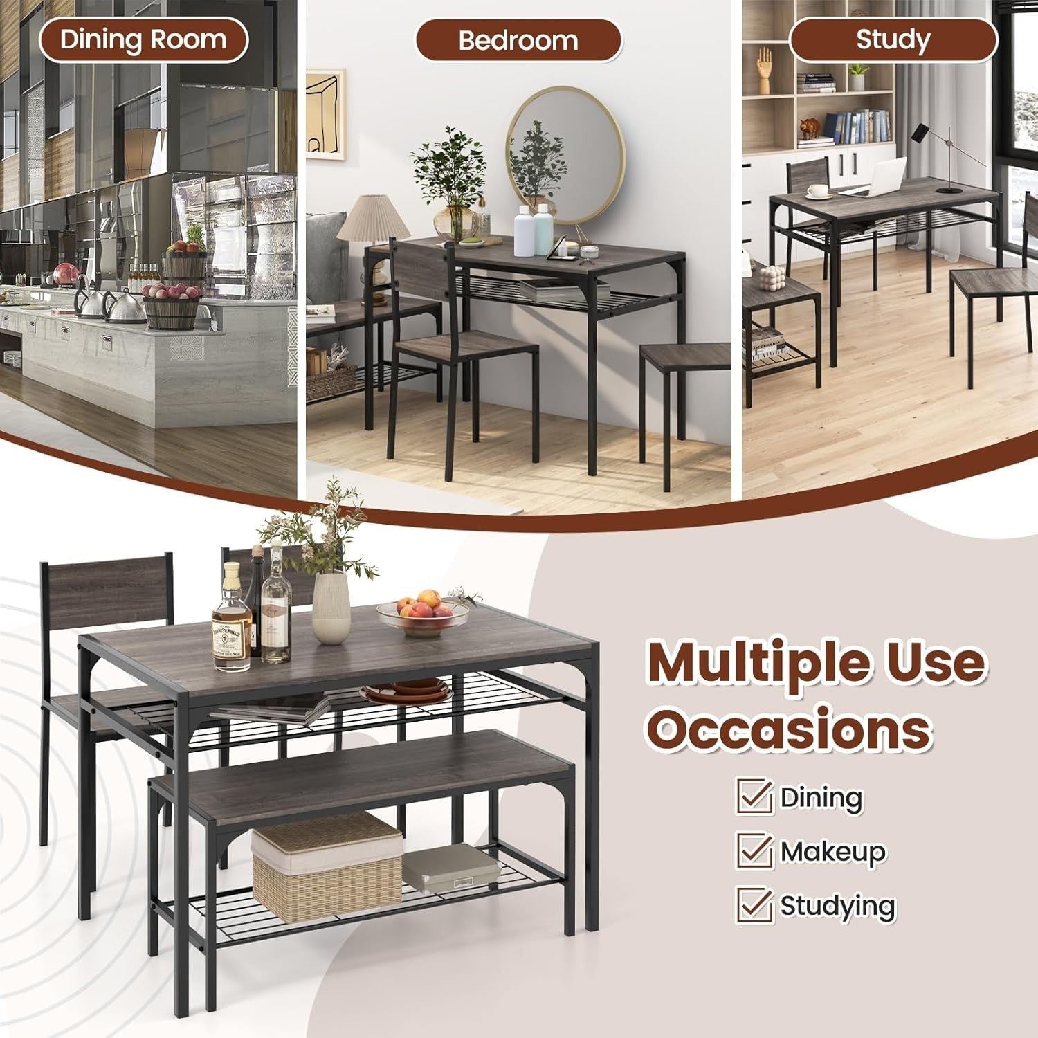 4 Seater Dining Table Bench Set w/ Storage Racks Grey Oak Metal Frame