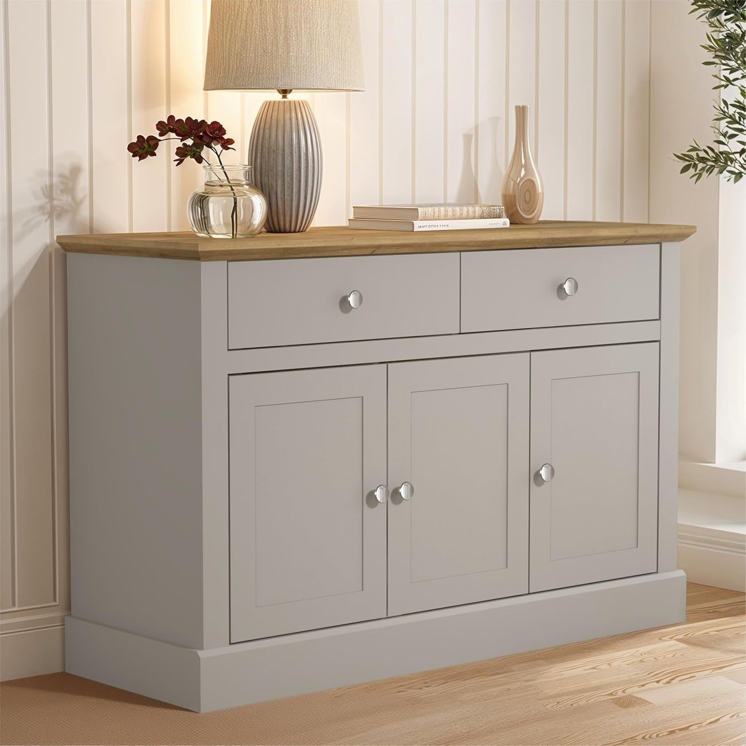 Grey Sideboard Cabinet with Drawers & Doors, Oak Top, Storage Unit