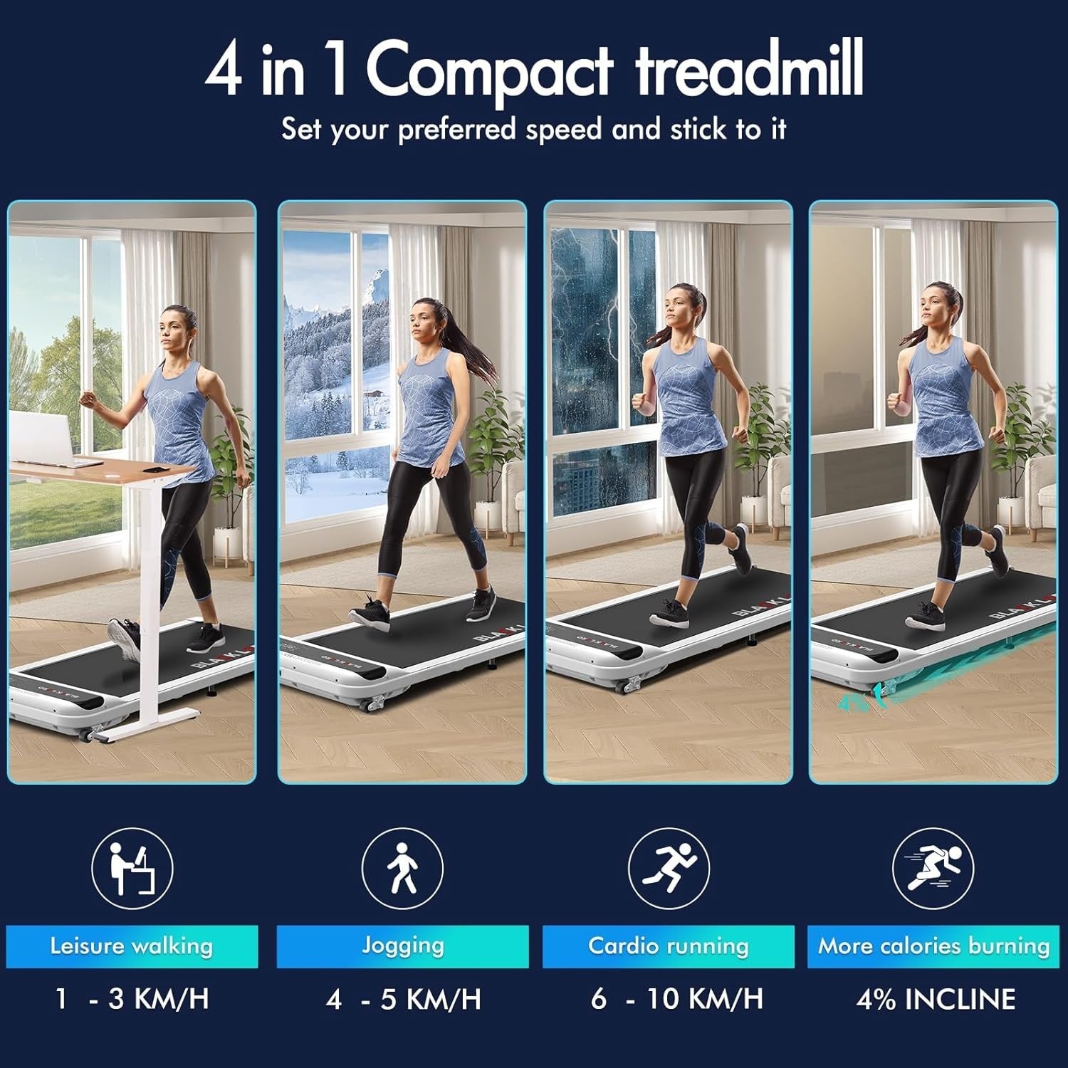 Foldable 3.2HP Treadmill 9% Incline Under Desk Running Machine Home