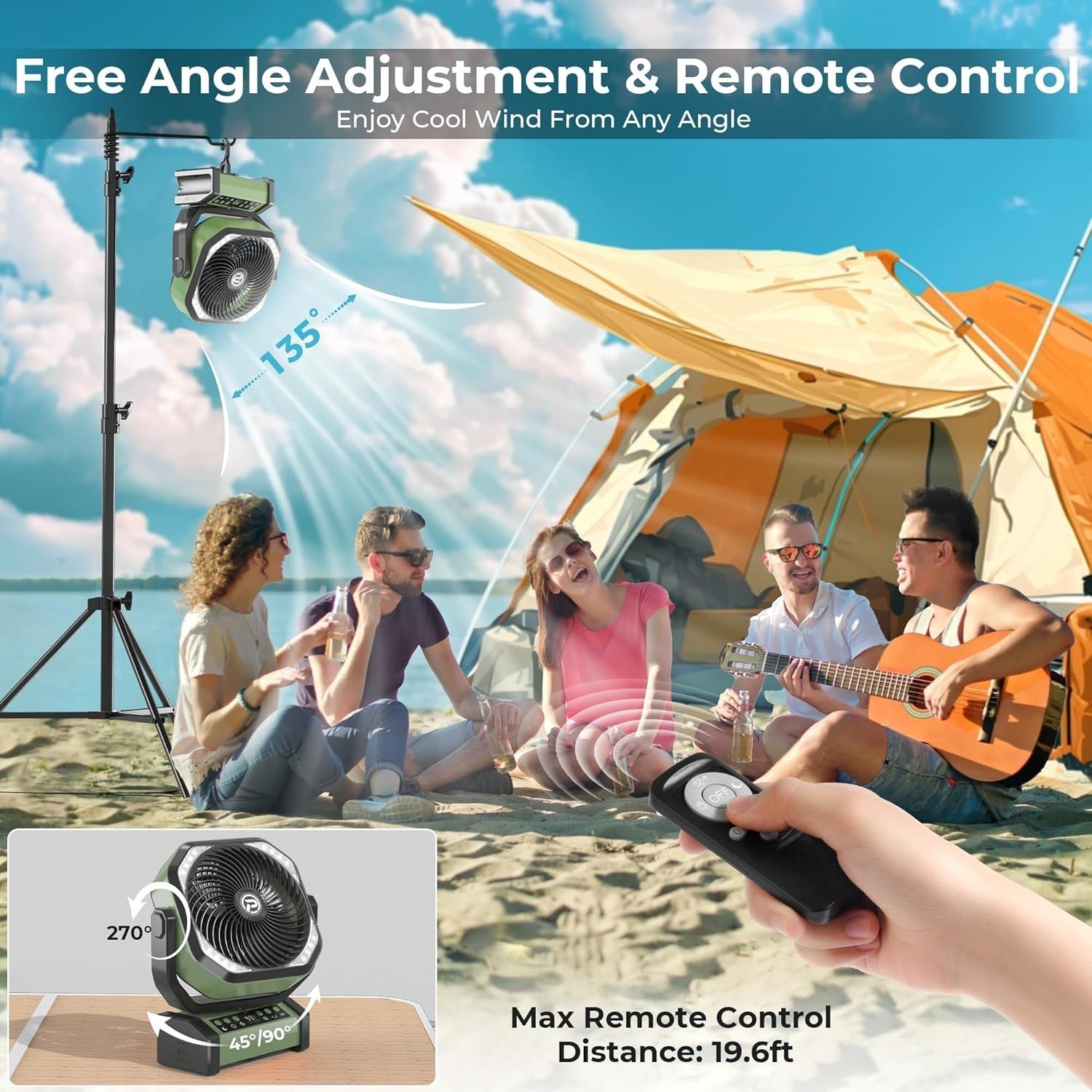 Green Camping Fan – 20000mAh Rechargeable w/ LED Light, 9 Speeds & Remote Timer