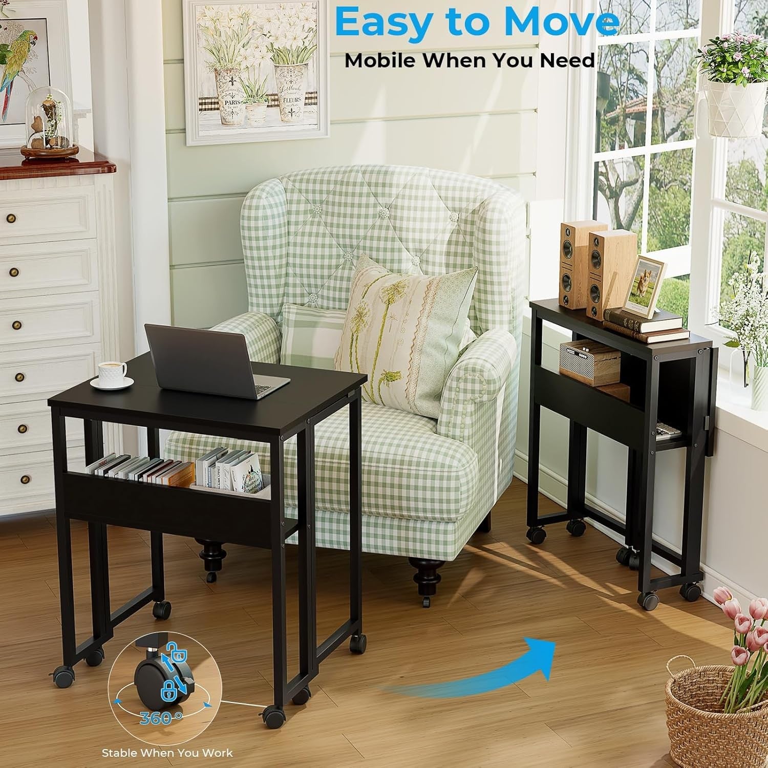 Folding Computer Desk 63cm with Storage Shelf Rolling Home Office Table