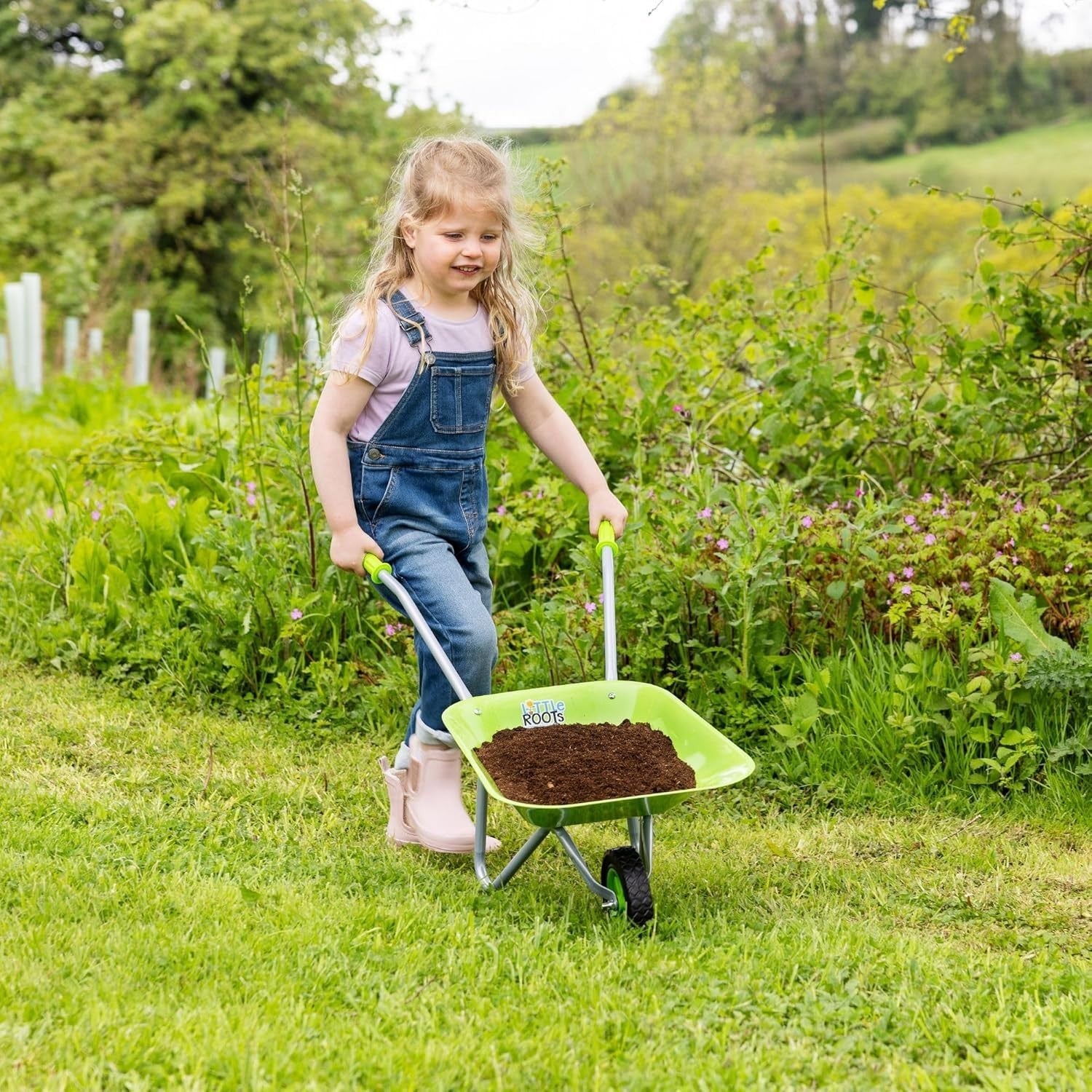 Kids Garden Wheelbarrow – Green – Metal Frame w/Plastic Tray & Soft Handles