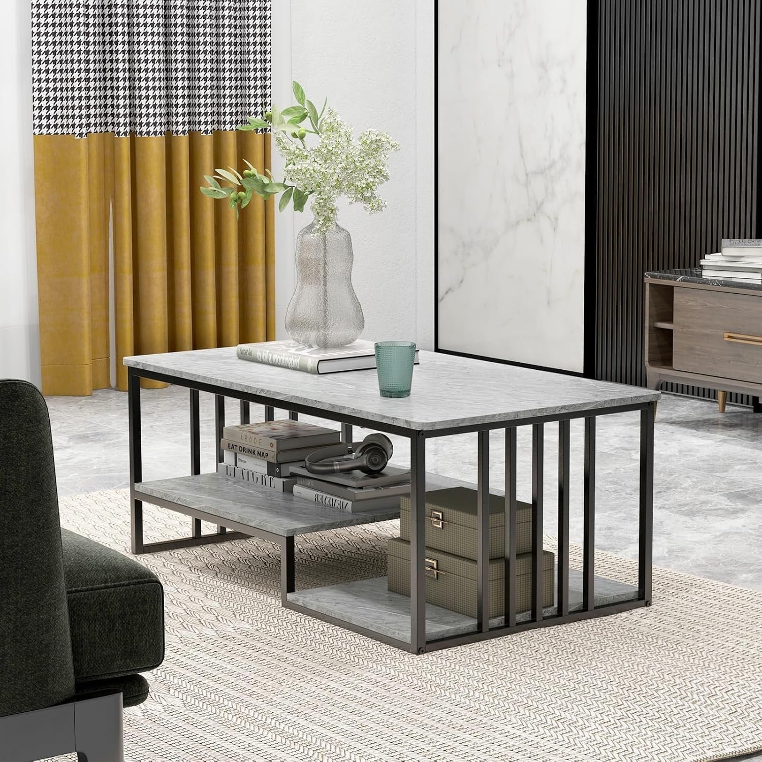 3-Tier Faux Marble Coffee Table with Storage Shelves & Sturdy Metal Frame