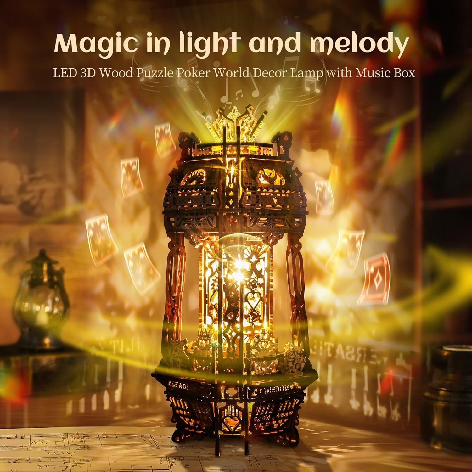 LED 3D Wooden Puzzle Projector Lamp DIY Music Box Night Light Decor