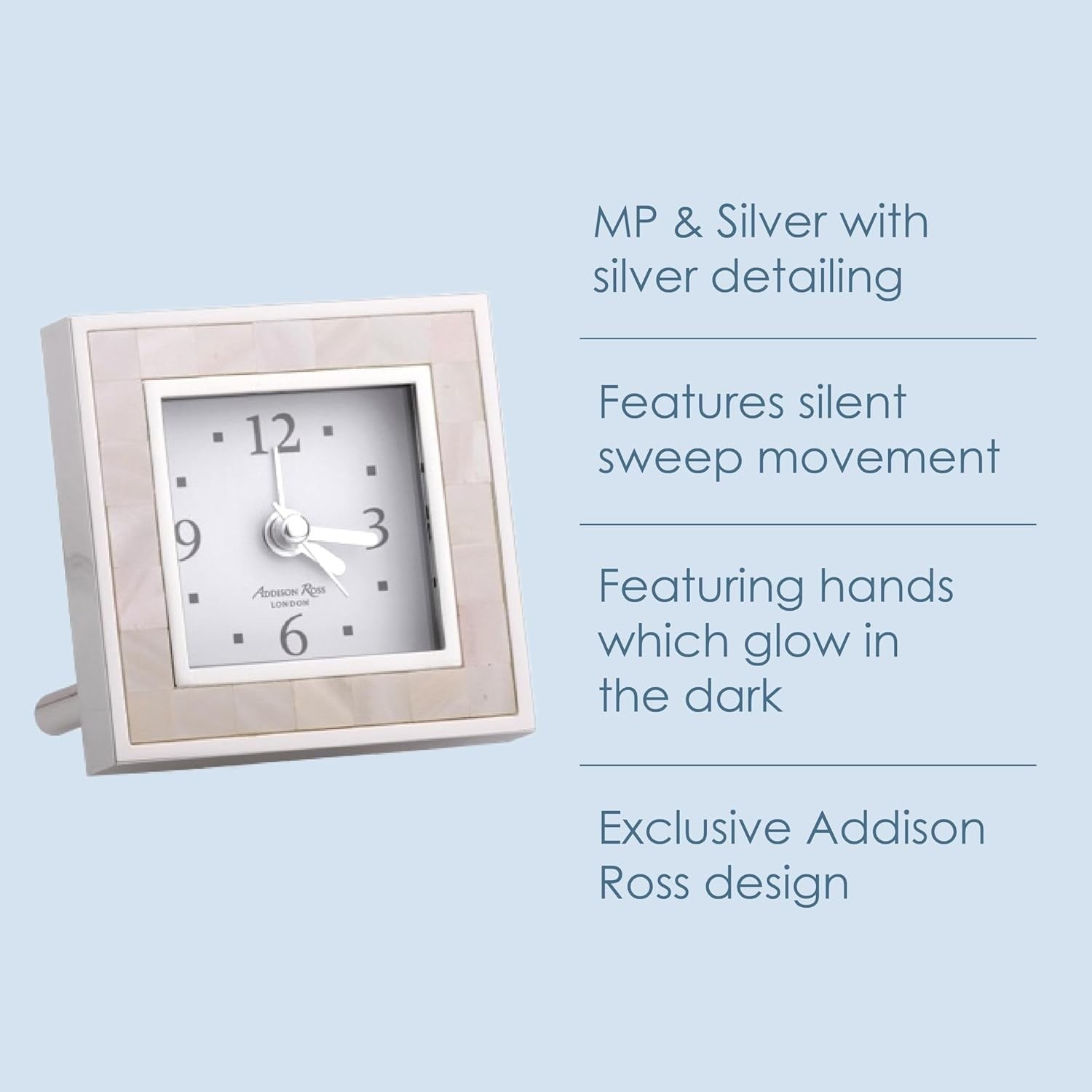 Silver Silent Sweep Alarm Clock Square Analogue Bedside Home Decor