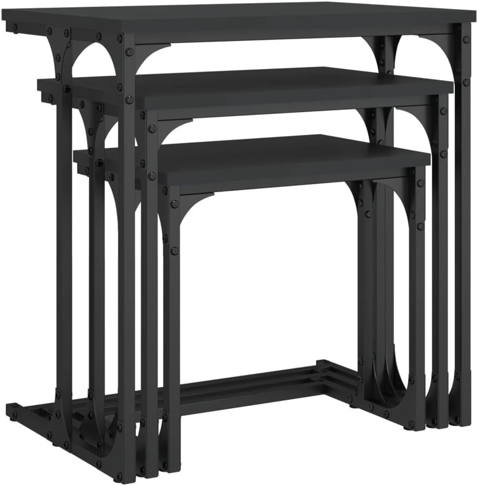 3x Nesting Coffee Table Set Black Engineered Wood Metal Frame Side Tables