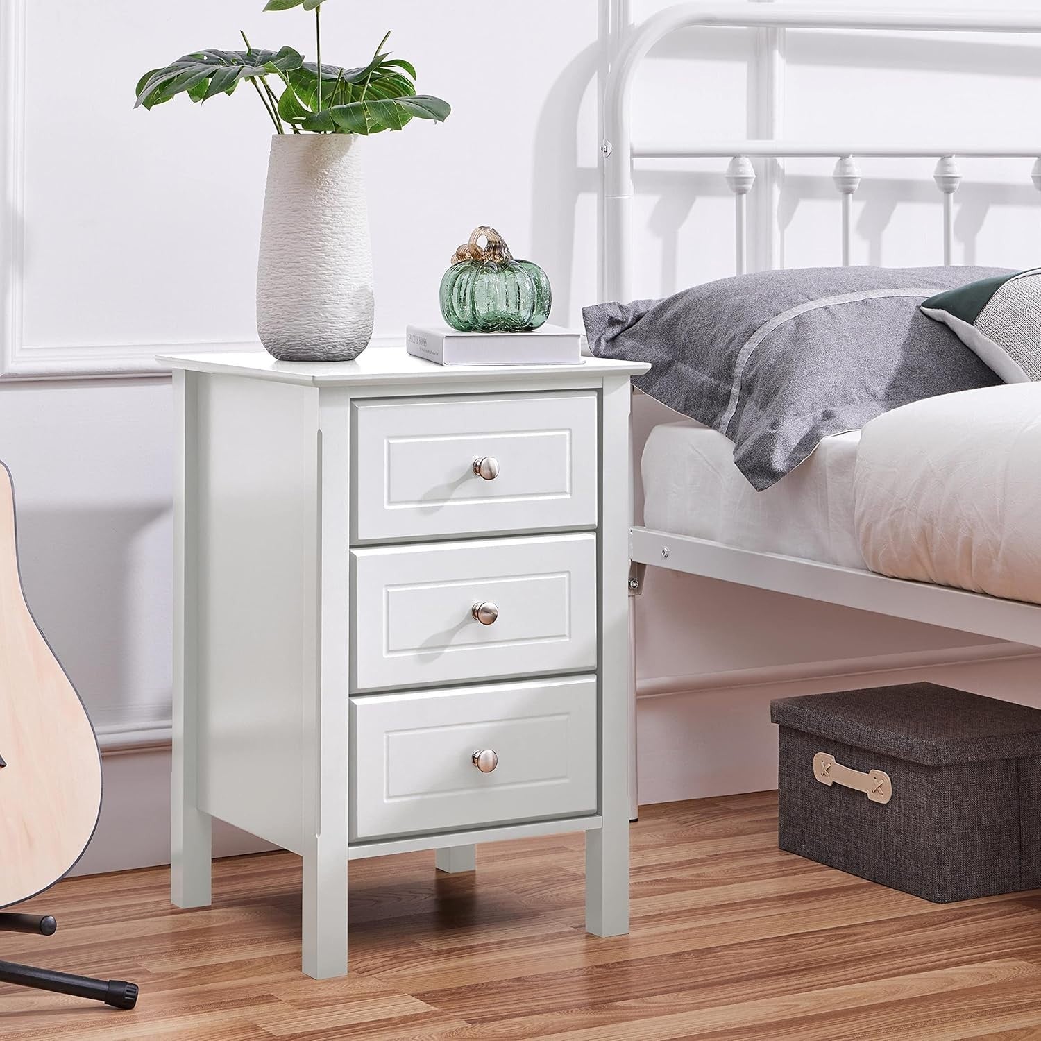 White Bedside Tables Set of 2 with 3 Drawers | Solid Wood Legs