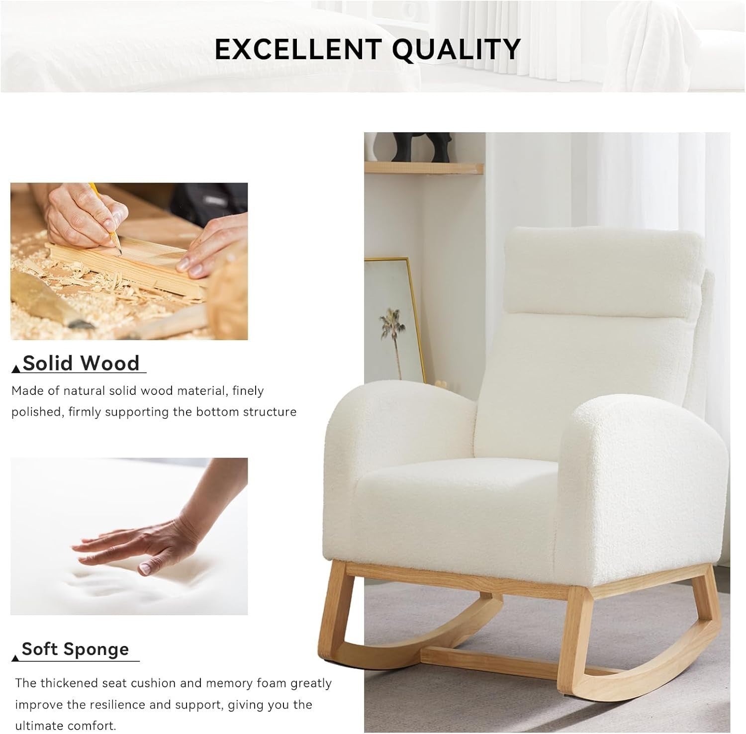 Comfy Rocking Chair for Adults Nursery Bouclé Glider w/ Wood Base Ivory