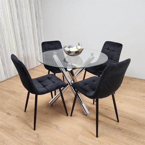 Round Glass Dining Table Set with 4 Black Velvet Chairs Chrome Legs
