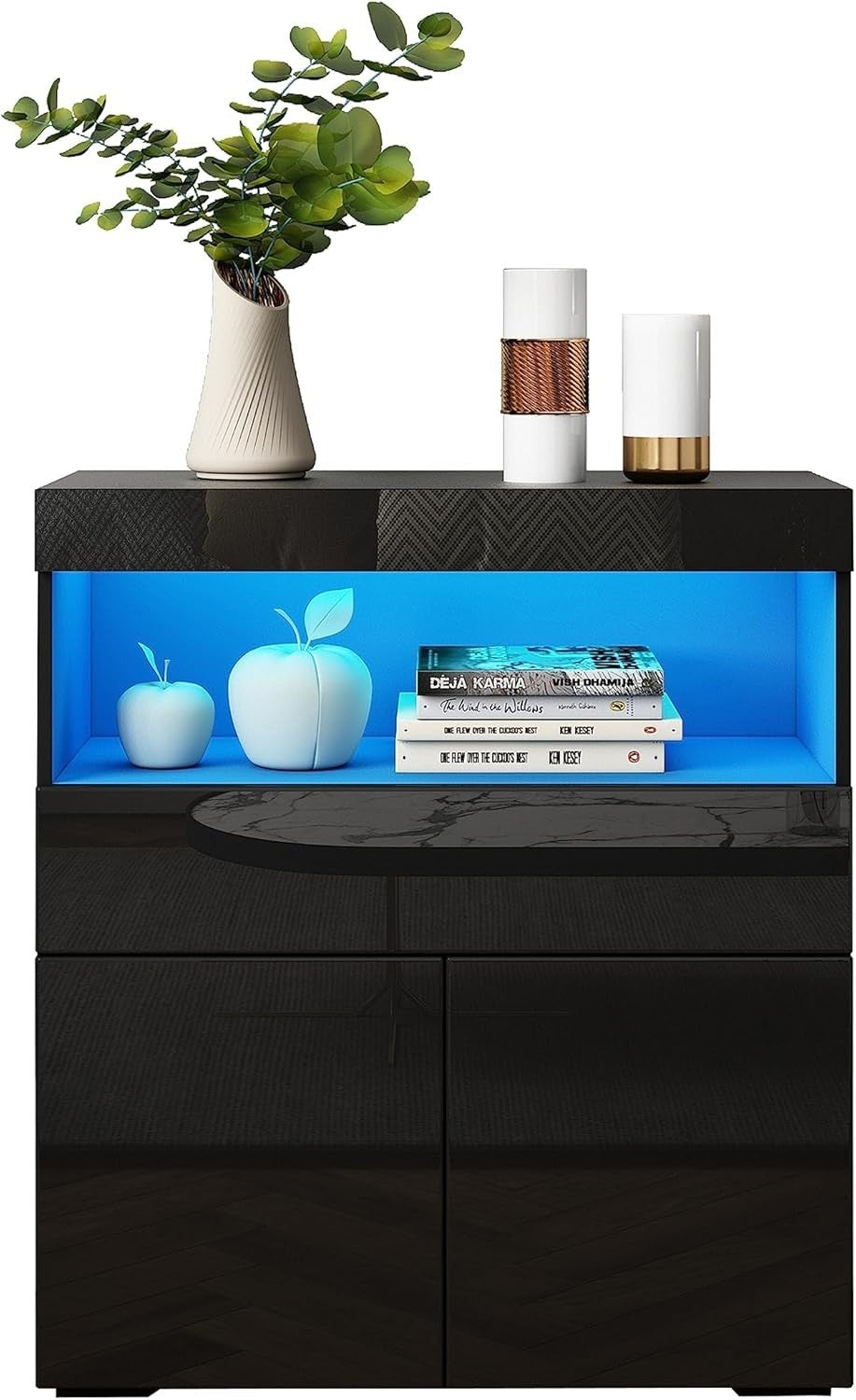 Black High Gloss Sideboard Cabinet with LED Lights, Storage & Lockable Doors