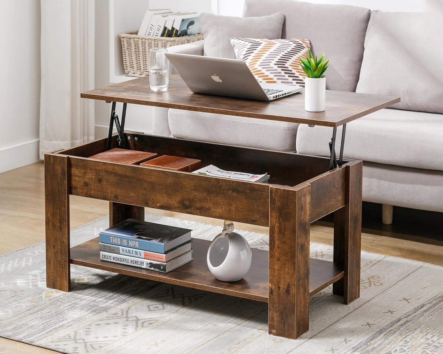 Lift Top Coffee Table with Storage Rustic Brown, Large Hidden Compartment 100x50