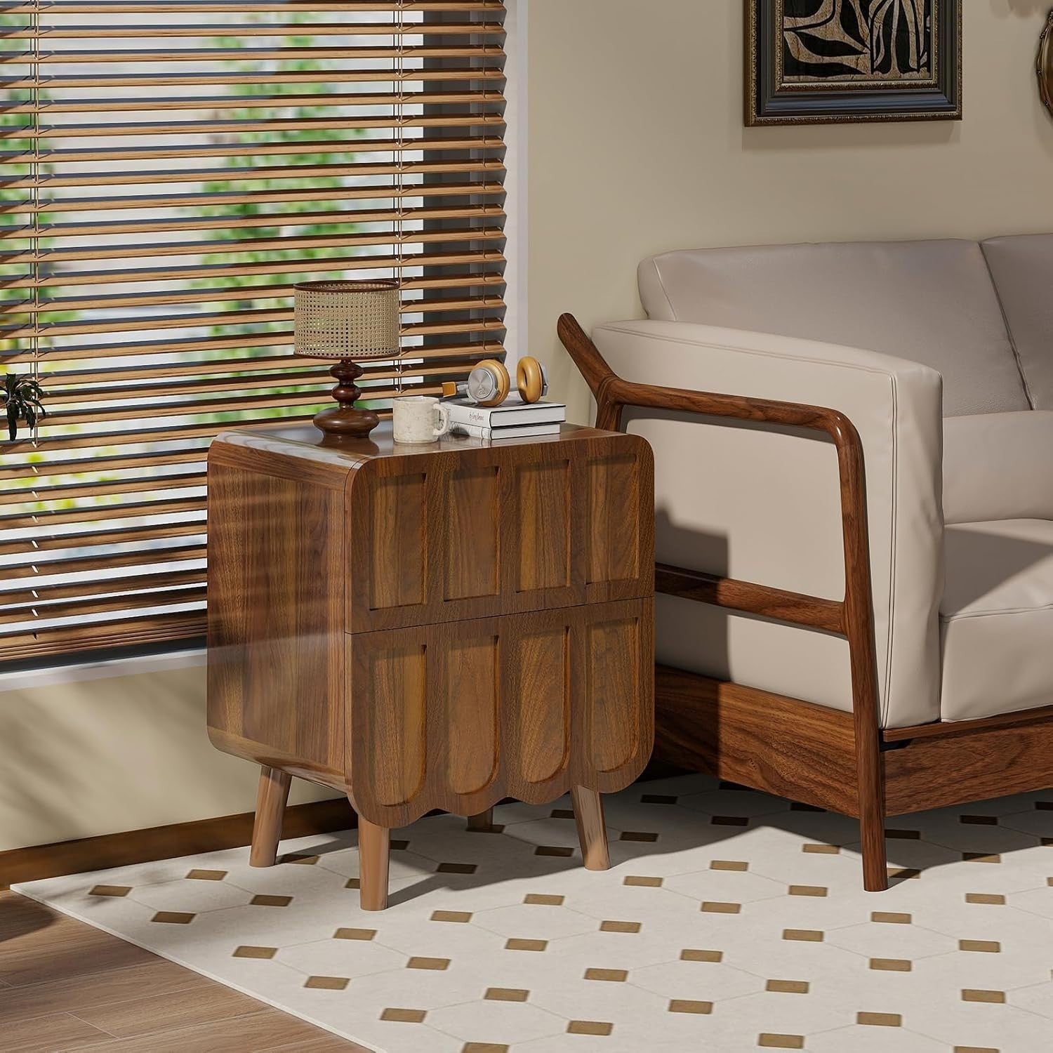 Luxury Walnut Bedside Table with 2 Drawers – Retro Wood Nightstand