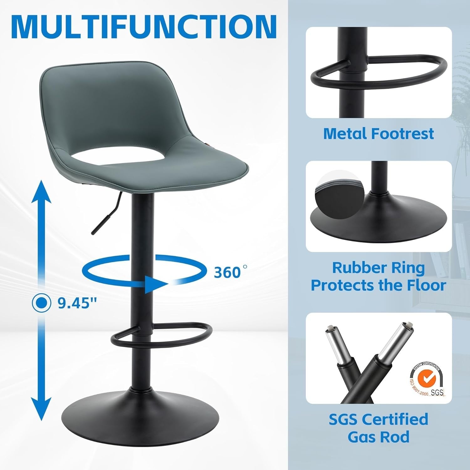 Adjustable Swivel Bar Stools 2pcs Faux Leather Counter Height Greyish Green
