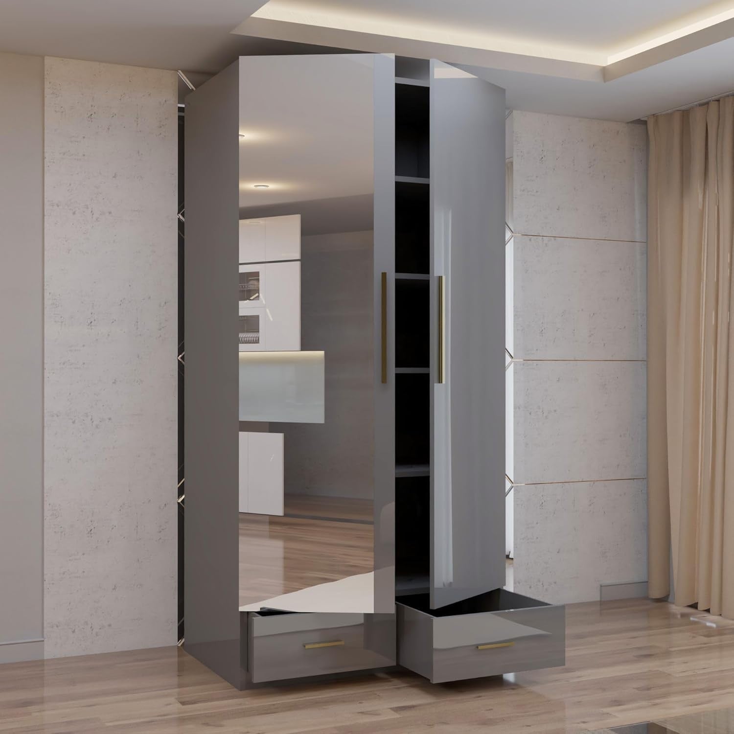 Grey Gloss Wardrobe Mirror Drawers Gold Handles 2 Door 90cm Storage