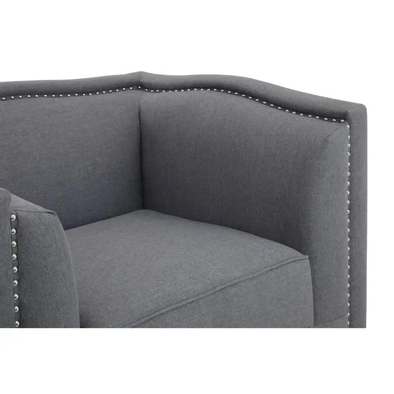Grey Fabric Armchair – Boxy Design, Stud Trim, Modern Lounge Accent Seat