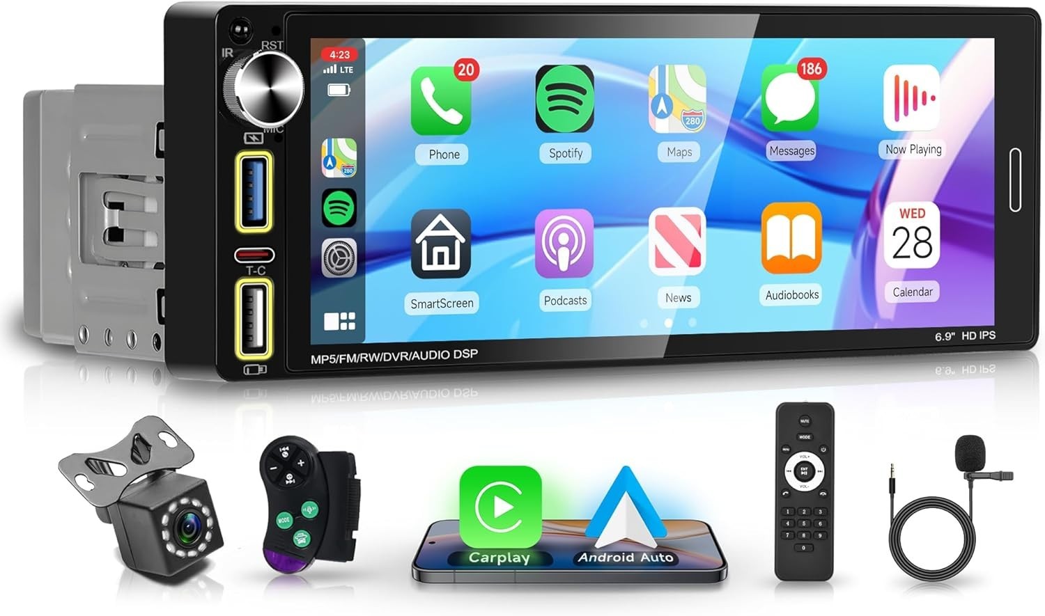 6.9" Single Din Car Stereo Wireless CarPlay Android Auto FM Bluetooth