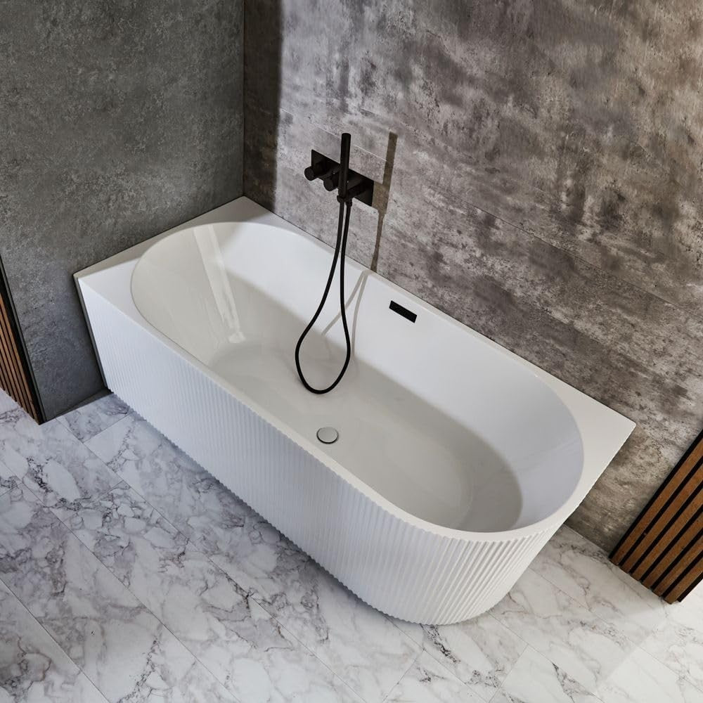 White Left Hand Fluted Corner Bath 1700x800mm Black Overflow