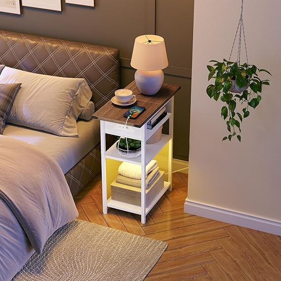 Slim LED Bedside Table with Charging Station, 3-Tier Nightstand for Small Spaces
