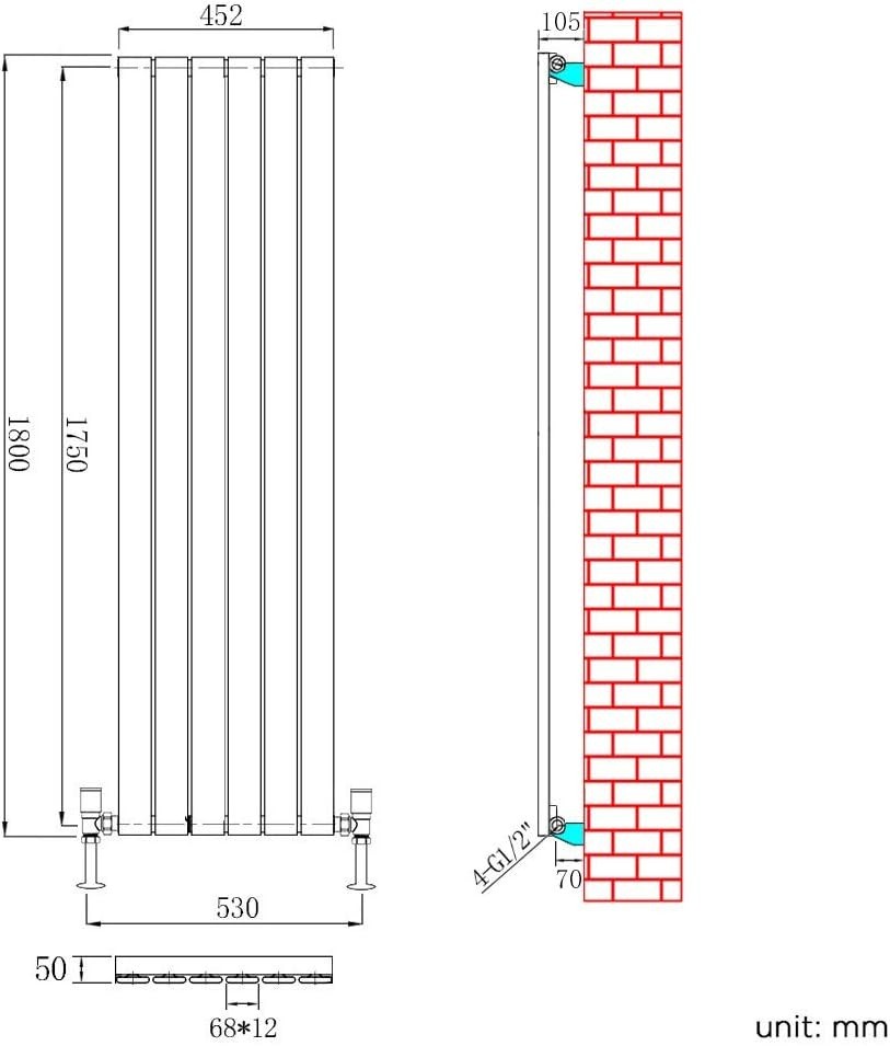 1800x452mm Vertical Designer Radiator Chrome Bathroom Wall Heater 3200BTU