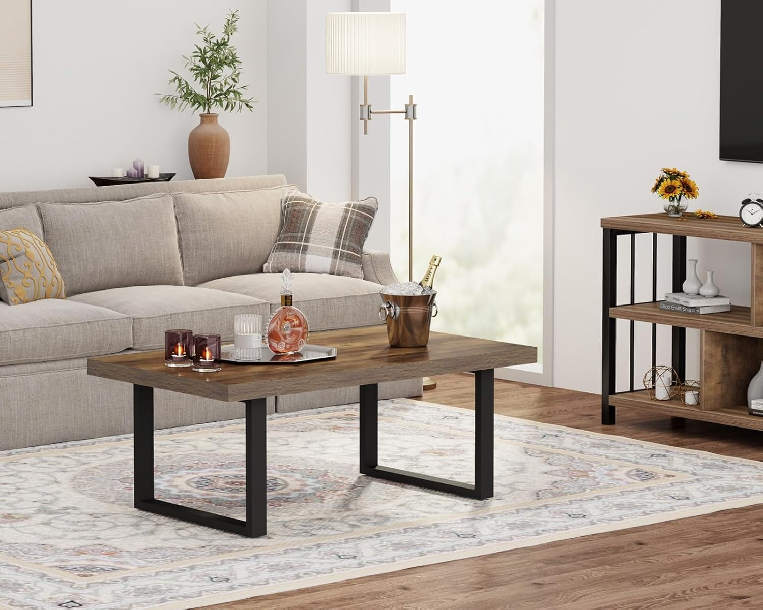 Rustic Oak Coffee Table 120cm Industrial Wood Metal Centre Table Living Room