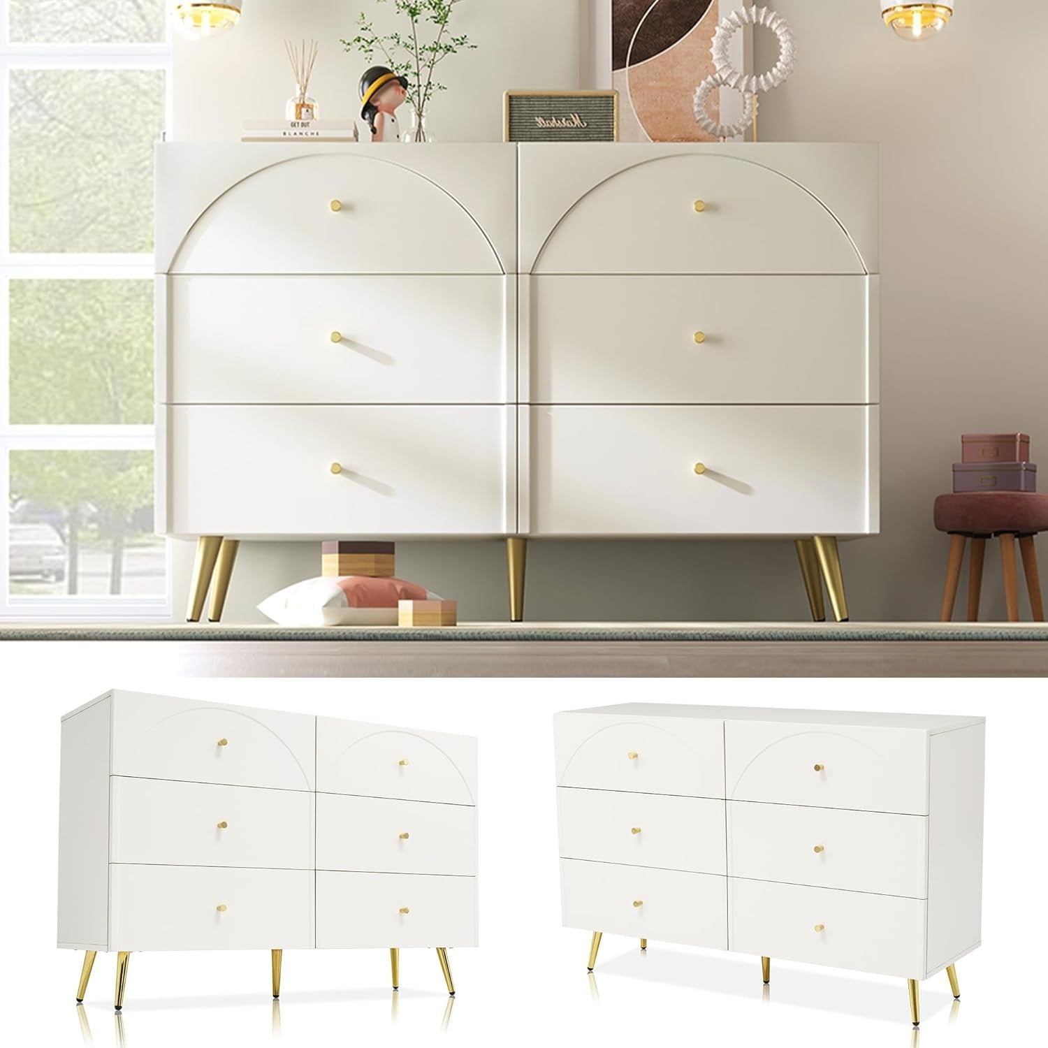 Cream White 6 Drawer Sideboard Cabinet Storage Unit Gold Legs 120cm
