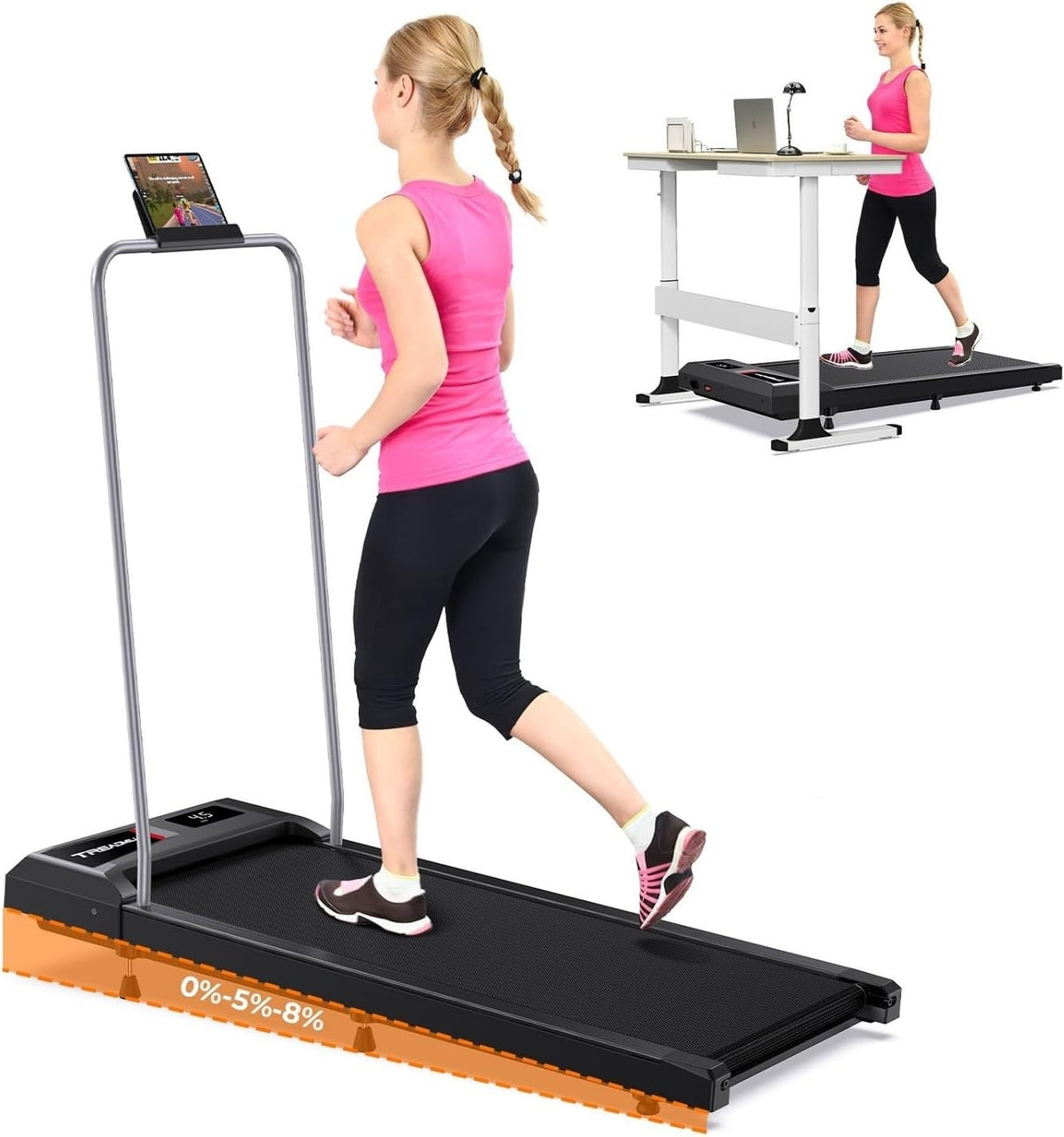 Walking Pad Treadmill 5–8% Incline 2.5HP w/ Handle Bar Under Desk Running 136KG