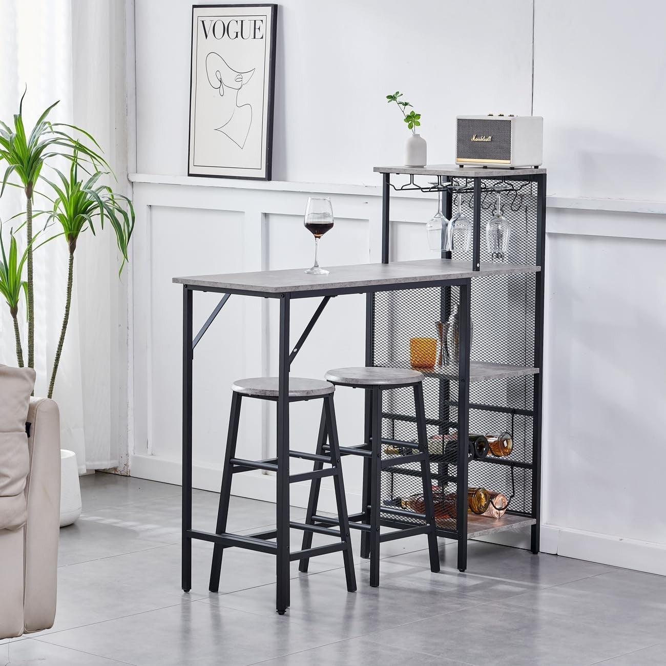 3 Piece Bar Table Set Wine Rack Shelves & 2 Stools Grey Marble Dining Furniture