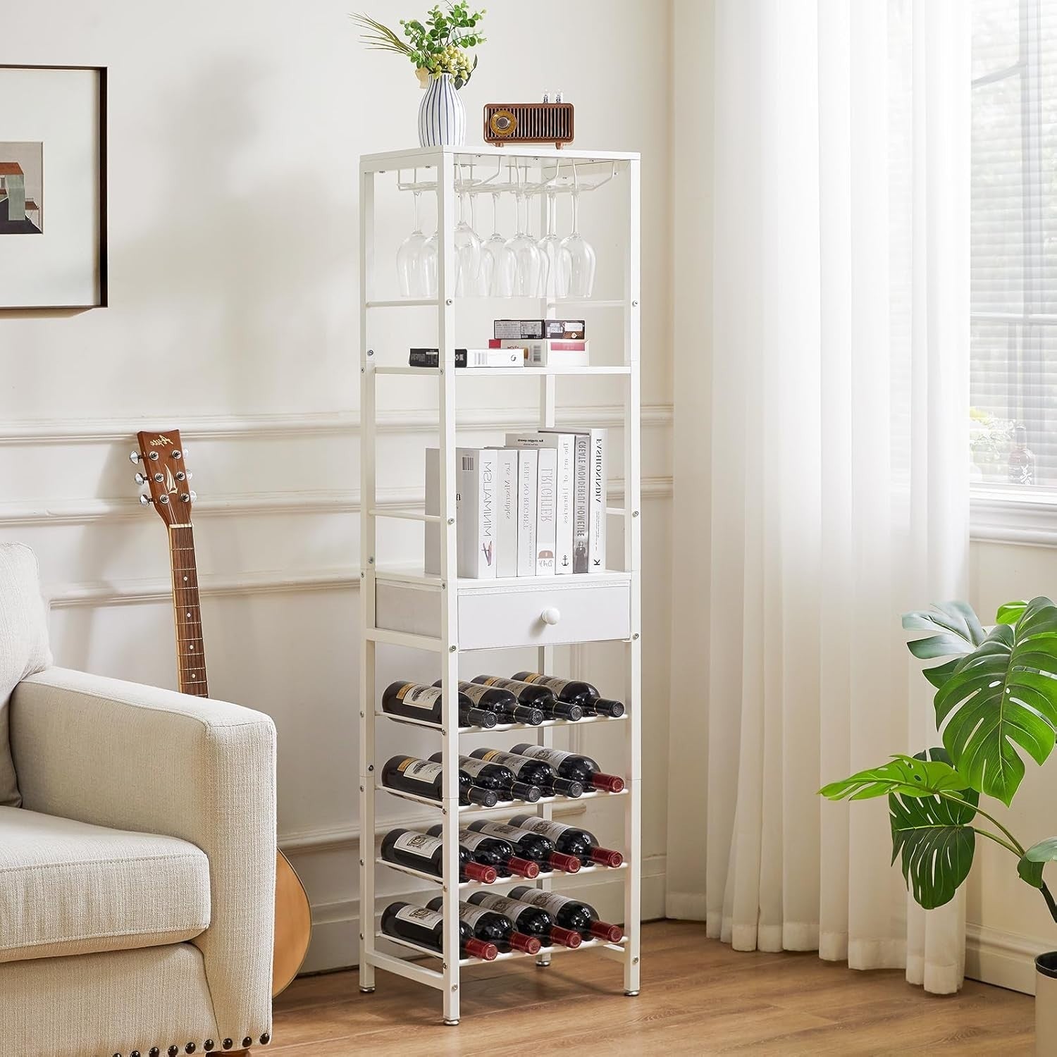 Freestanding Wine Rack Bar Cabinet White 4 Tier with Drawer & Glass Holder