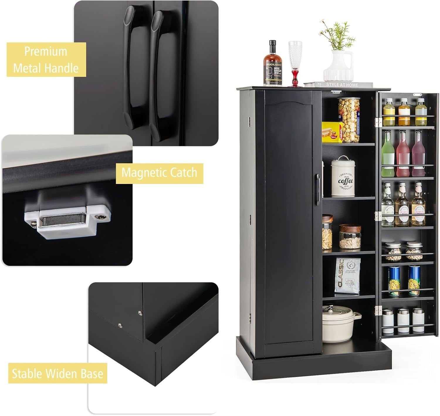 Kitchen Cupboard Pantry Cabinet with 17 Shelves & 2 Doors Black