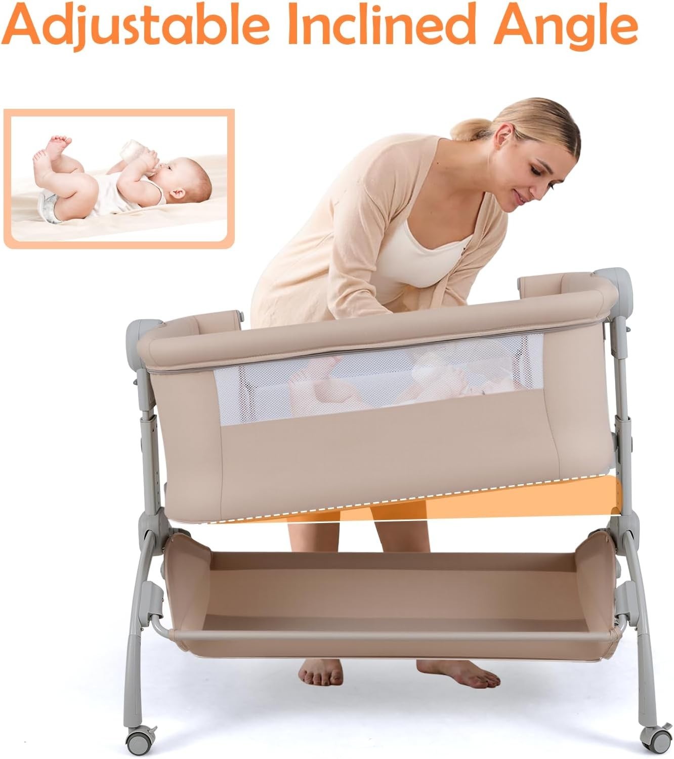 Baby Bedside Crib Adjustable Bassinet with Mattress Newborn Sleeper Beige