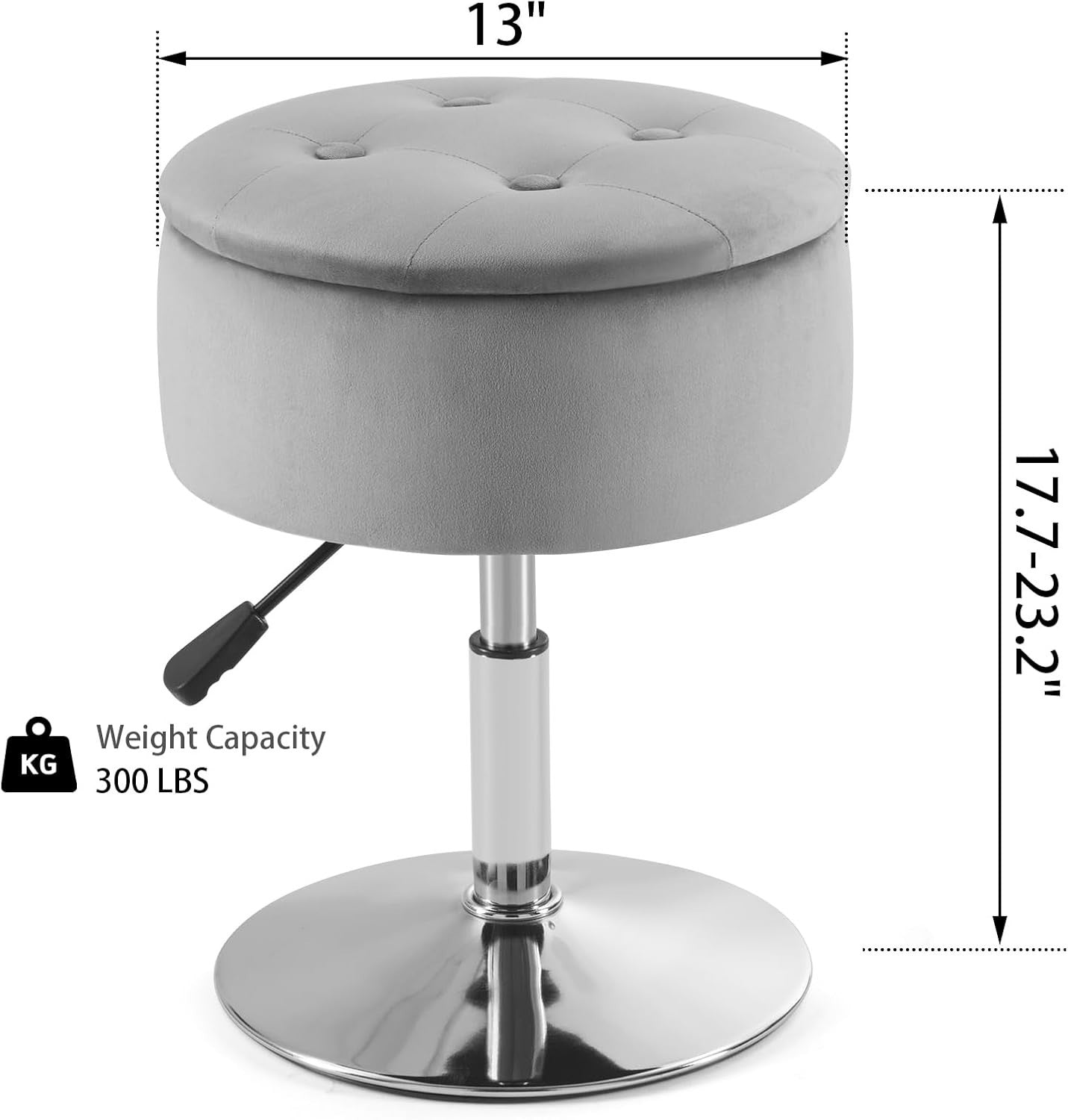Grey Velvet Vanity Stool with Storage Adjustable Swivel Makeup Chair Chrome Base
