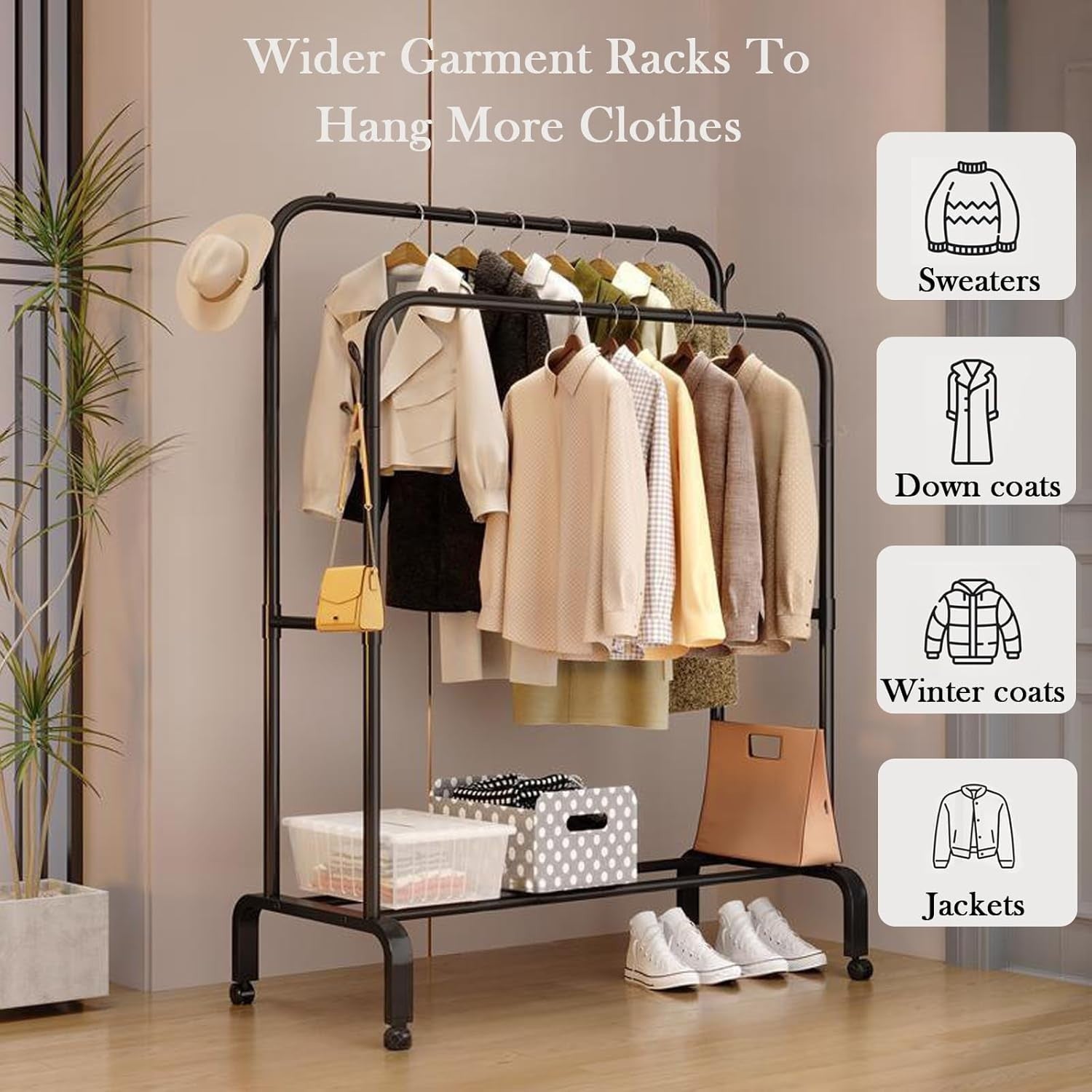 Heavy Duty Double Clothes Rail with Shelf & Wheels – White