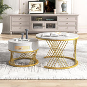 2PC Nesting Coffee Table Set Marble Rattan Storage Drawer Iron Legs Living Room