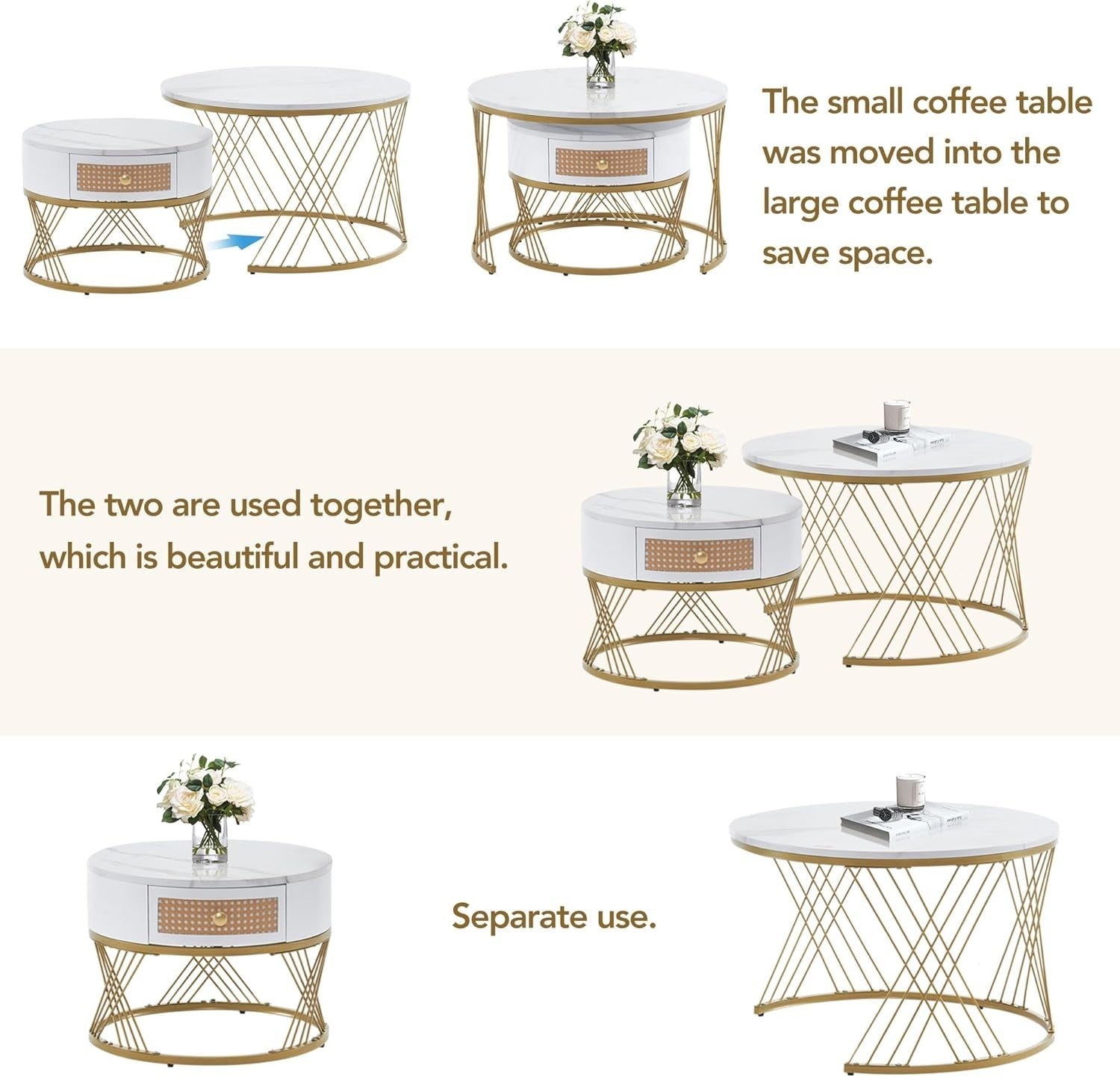 ModernLuxe 2-in-1 Round Coffee Table Set with Rattan Drawer & Gold Metal Frame