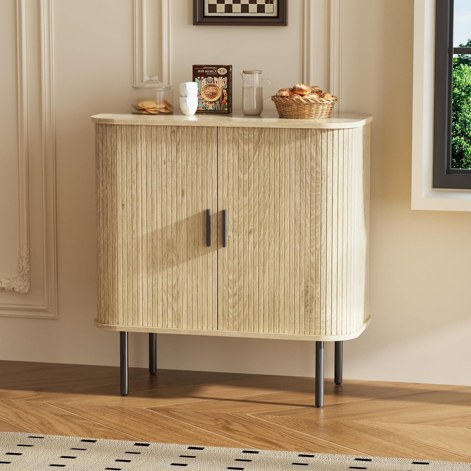 Natural Wood Sideboard Buffet Cabinet with Sliding Tambour Doors 80cm