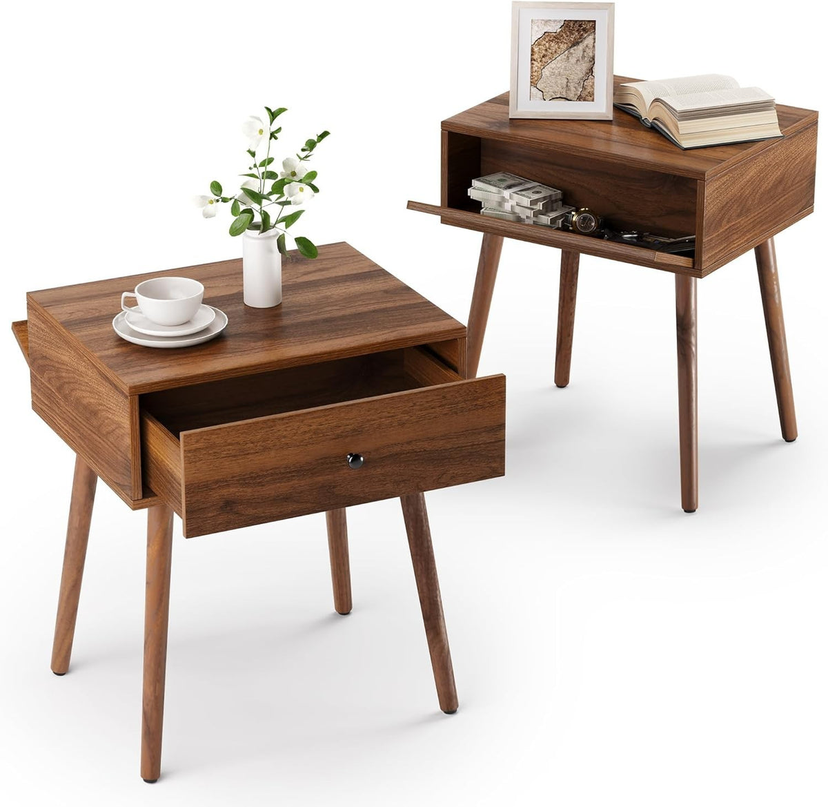 Set of 2 Walnut Bedside Tables with Drawer & Hidden Storage – Mid Century