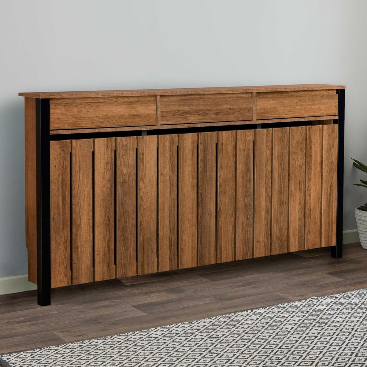 Black & Wood Radiator Cover Cabinet with Drawers Modern MDF Storage, Large