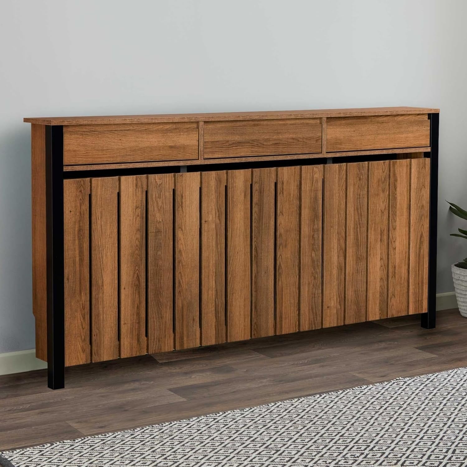 Black & Wood Radiator Cover Cabinet with Drawers Modern MDF Storage, Large