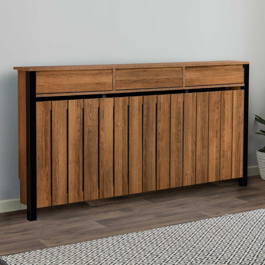 Black & Wood Radiator Cover Cabinet with Drawers Modern MDF Storage, Large