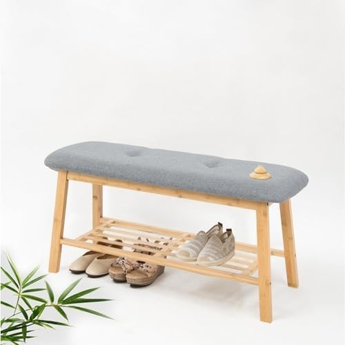 Bamboo Shoe Rack Bench with Padded Linen Seat Grey – Entryway Storage