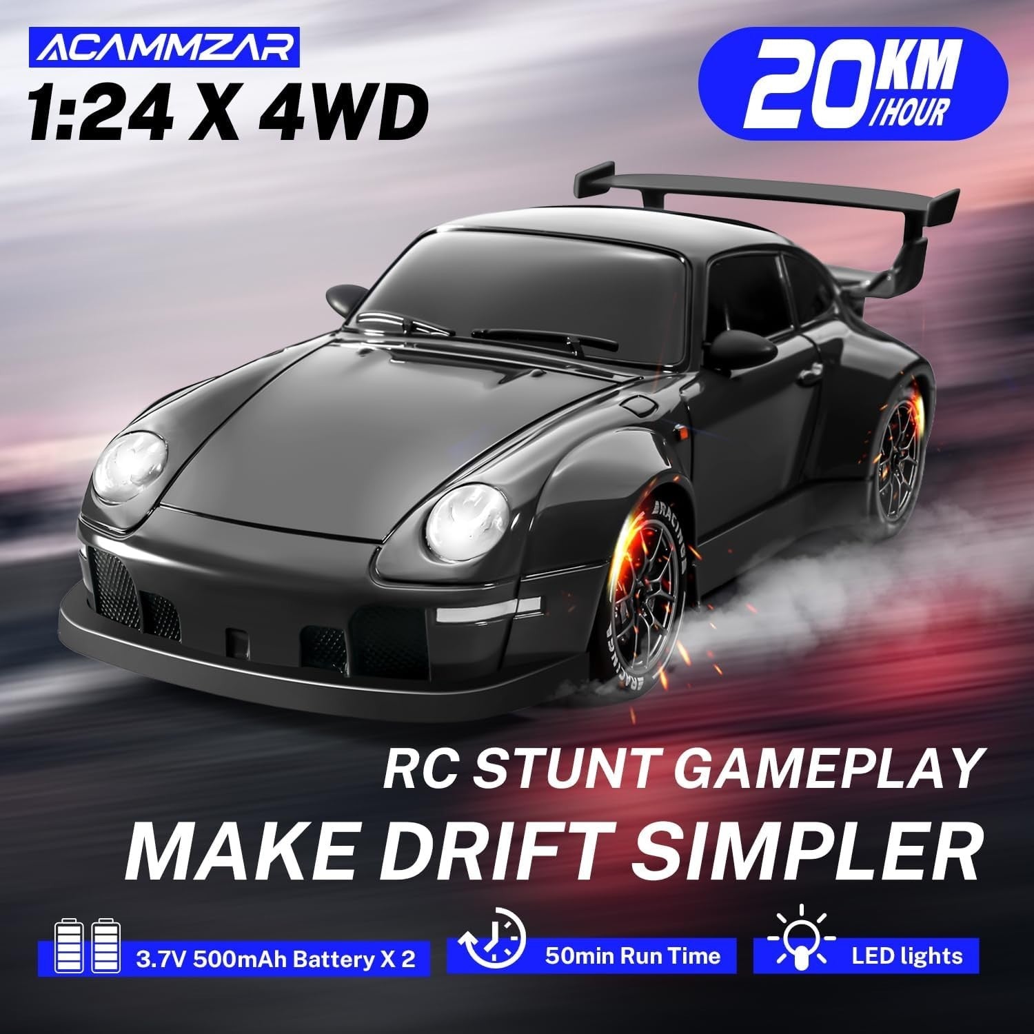 1:24 RC Drift Car 20KM/H – 4WD High-Speed Remote Control Toy with Lights