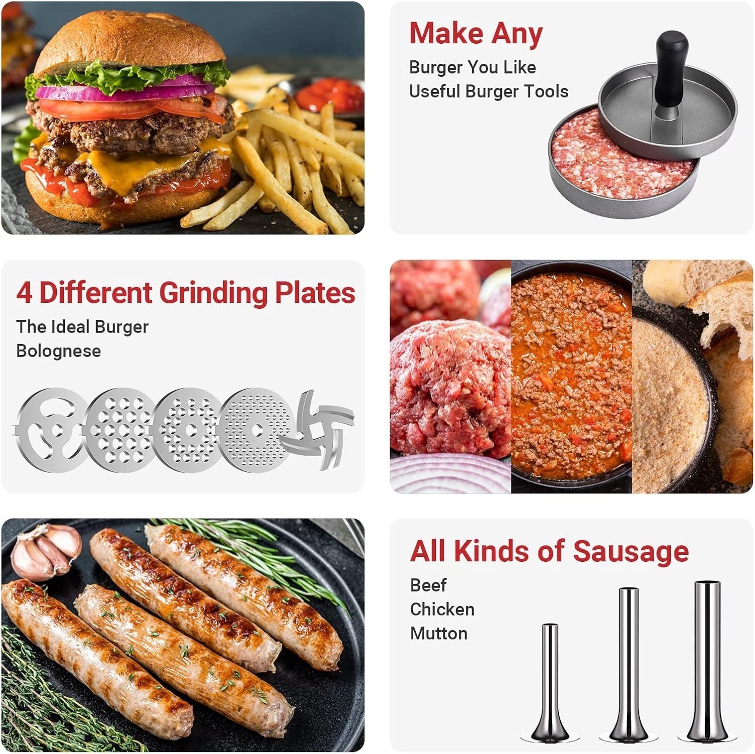 Food Grinder Attachment Sausage Maker Burger Press 4 Plates Metal