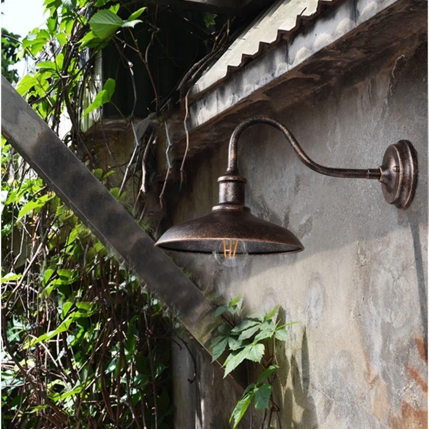 Outdoor Swan Neck Wall Light – Brass Waterproof Lantern, E27 Bulb