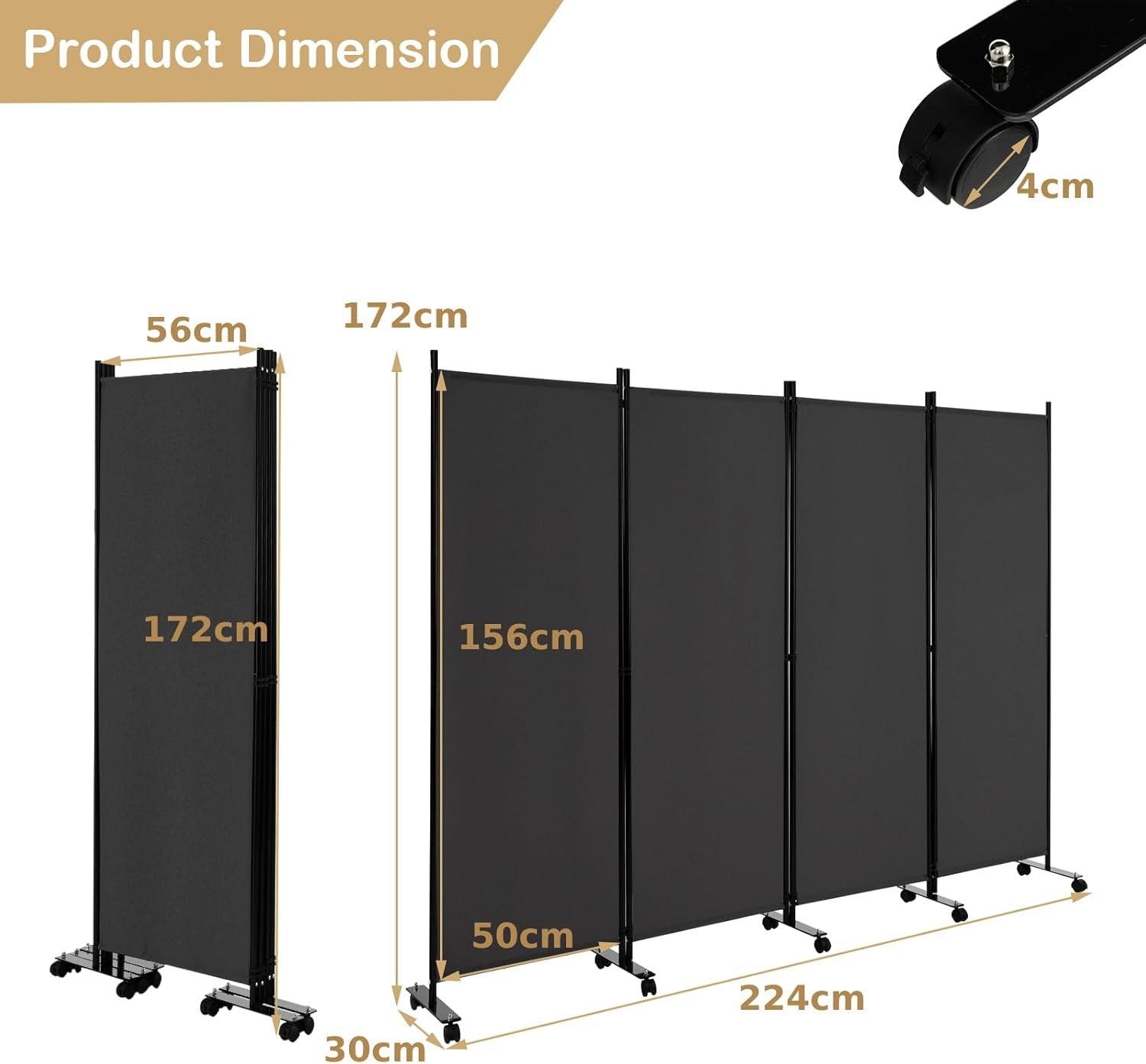 4-Panel Grey Folding Room Divider 224x30x172cm Privacy Screen Partition