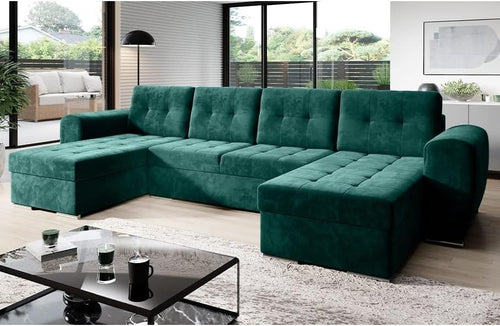 U-Shape Sofa Bed with Storage Box & Sleep Function, Velour Green 326cm