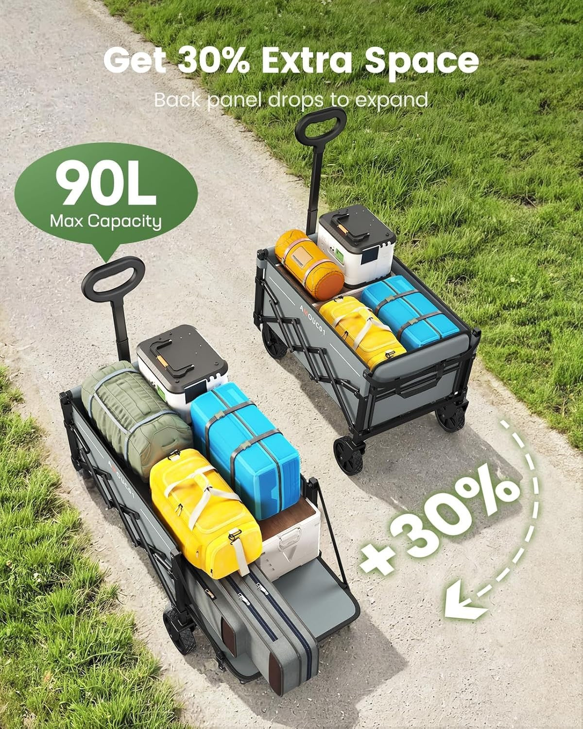 Grey 90L Folding Festival Trolley Expandable Camping Wagon 360lbs Heavy Duty
