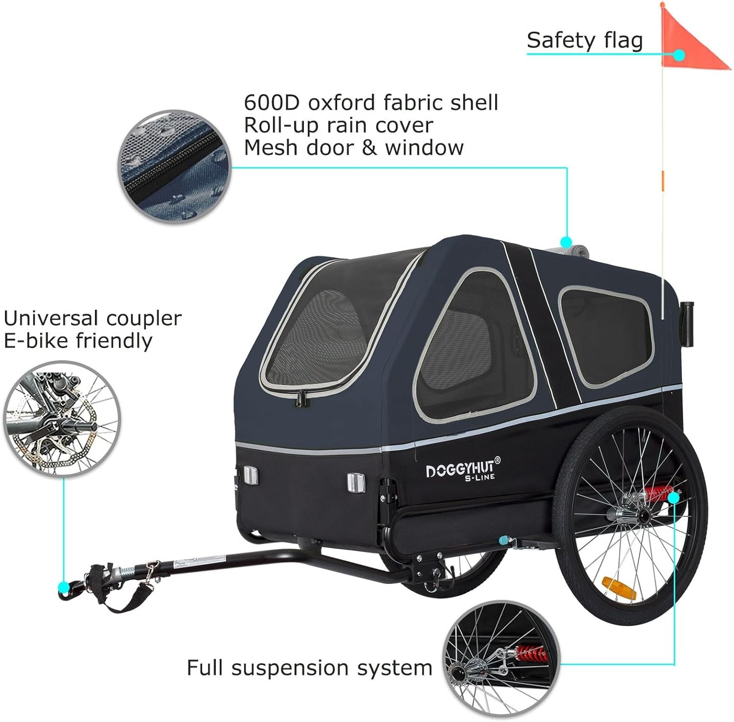 Dog Bike Trailer Stroller 45kg Folding Suspension Cart Blue Black with Brakes